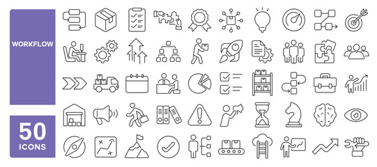 Set of 50 line icons related to workflow, efficiency, productive, project, product, operation, management, business, work, Editable stroke. Vector illustration