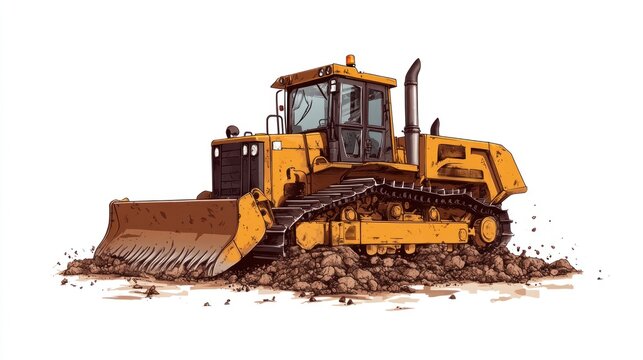 Yellow bulldozer pushing dirt, detailed illustration.