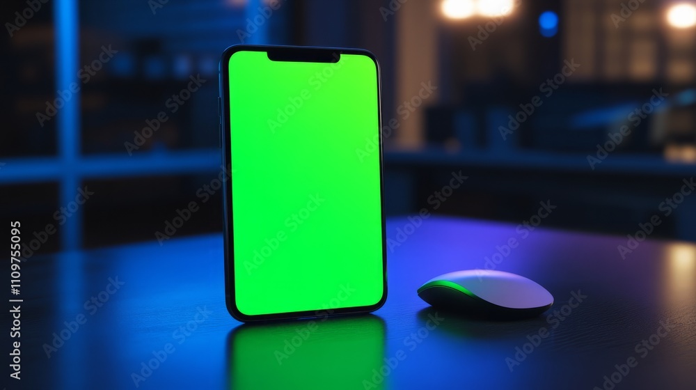 Poster a smartphone with a green screen placed on a glossy table with a wireless mouse beside it.