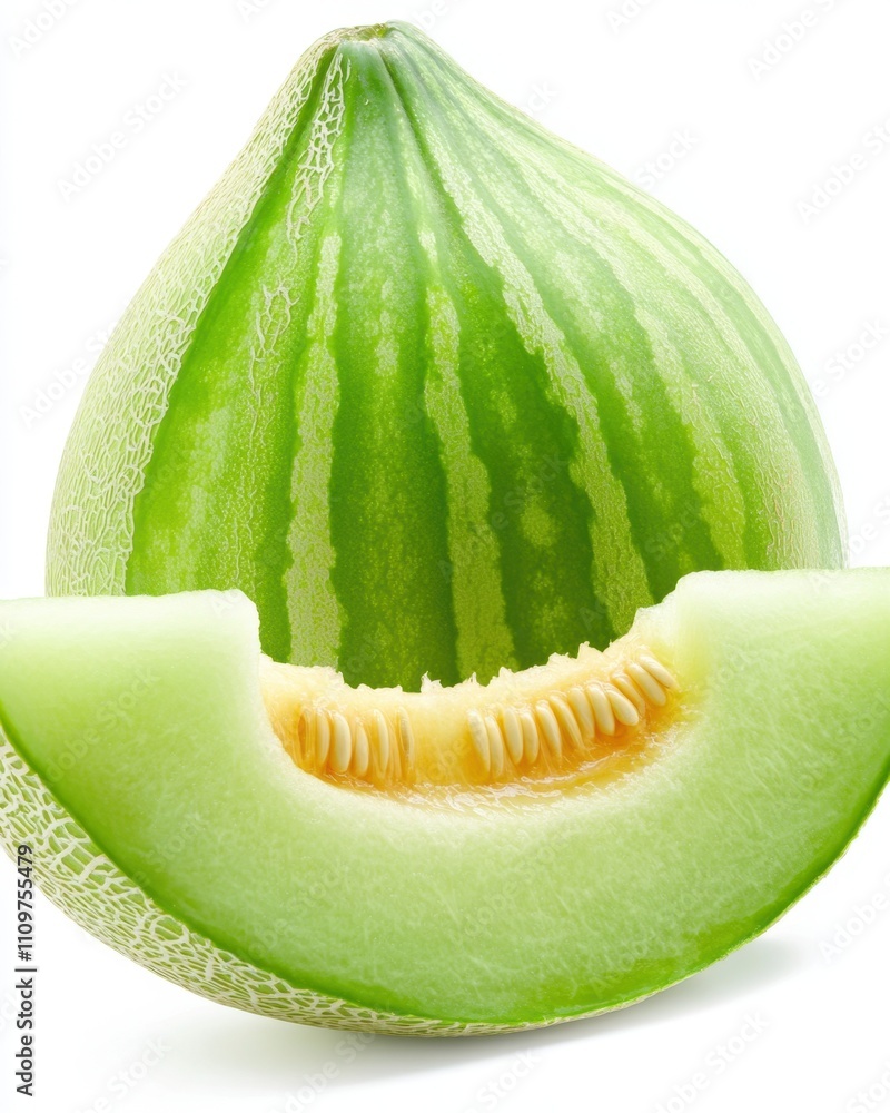 Poster fresh honeydew melon displayed with a delicious slice on a bright white background