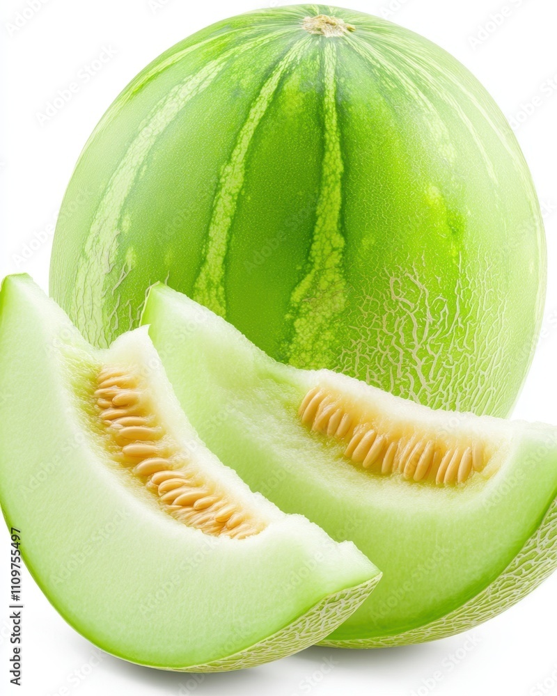 Poster fresh honeydew melon and a vibrant slice on a clean white background for culinary delight