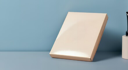 A blank hair extensions box mock-up, lying on a stylist's workstation 3d illustration brand mock-up template.