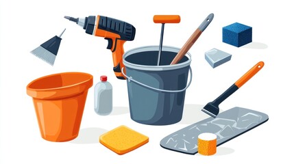 Repair tools, buckets, and cleaning supplies.
