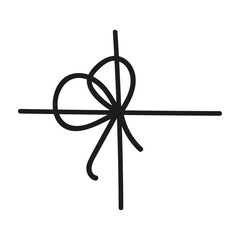 Black bow with tied rope and ribbon knot. Simple line design of string and thread for gift wrapping or marine cord. Flat vector illustration isolated on white background.