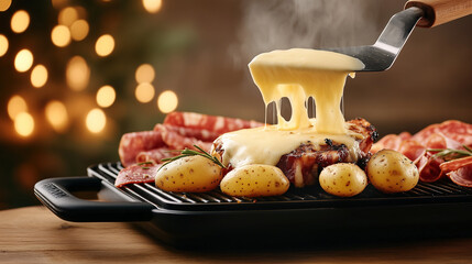 Melted raclette cheese drizzles over grilled meats and potatoes in a festive atmosphere