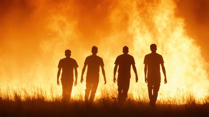 Fototapeta premium Four Figures Walk Confidently Towards a Blazing Fire Against a Vibrant Orange Backdrop at Dusk