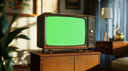 A retro tube TV with a green screen sitting on a vintage cabinet in a retro-themed living room.
