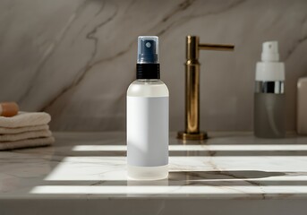 A blank face mist bottle mock-up, placed on a sunny bathroom counter 3d illustration brand mock-up template.