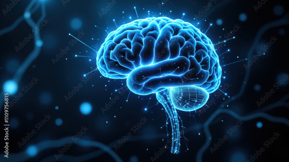 Poster a digital representation of a human brain with colorful graphics emanating from it, symbolizing arti