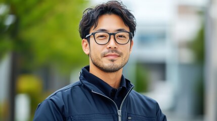 Fototapeta premium Confident man with glasses posing outdoors in modern urban setting, showcasing casual style and professional demeanor in bright daylight amongst green foliage