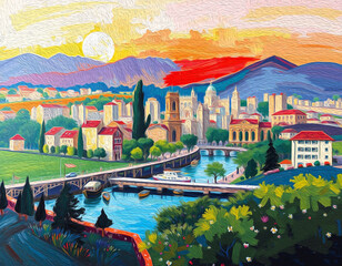 Obraz premium City Architecture. Oil painting. Printable pattern for wall decorations