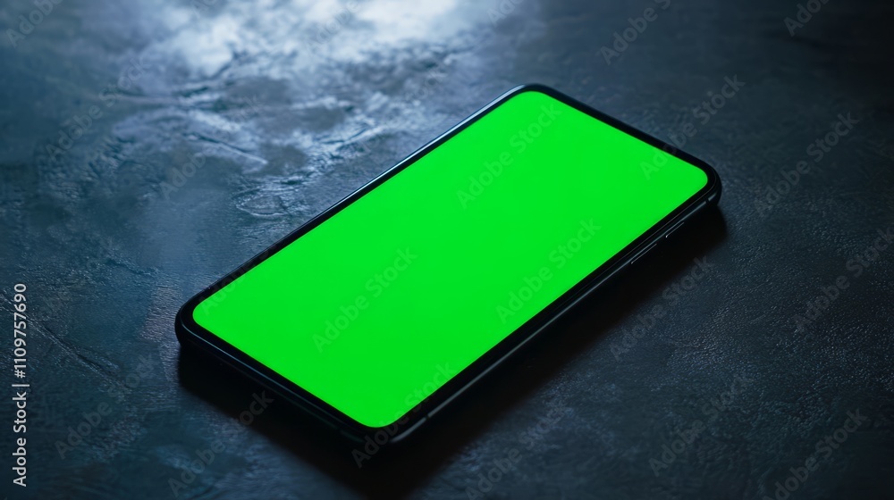 Poster a smartphone with a green screen displayed on a matte black surface with a reflection of ambient lig
