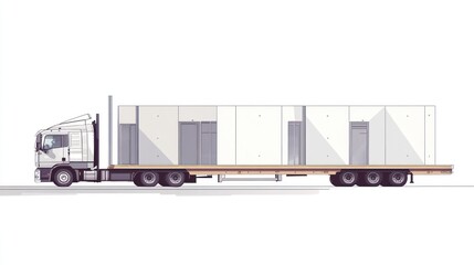 Modular building sections transported on flatbed truck.