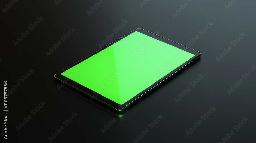 Poster a tablet with a green screen placed on a glossy black surface with soft reflections of light.