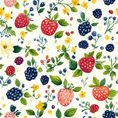 Beautiful Berries and Flowers Seamless Pattern
