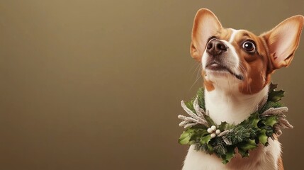 Naklejka premium Festive Pet Photography Dog with Christmas Wreath in Cozy Indoor Setting