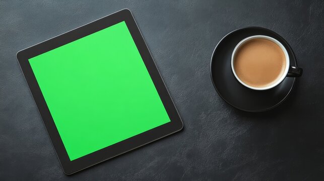 A tablet with a green screen displayed on a clean, smooth black surface with a cup of coffee beside it.