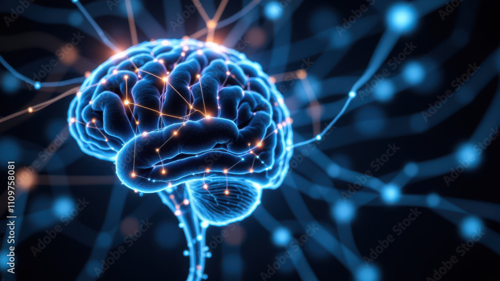 Poster 3d rendering of a human brain with glowing blue neurons, symbolizing advanced cognition or artificia