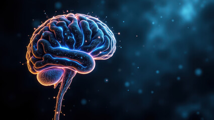 Obraz premium A dynamic digital illustration showcasing human cognition and AI integration set against a cosmic backdrop.