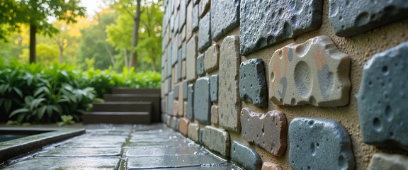 Textured Stone Wall with Lush Greenery and Wet Pathway in a Serene Outdoor Setting