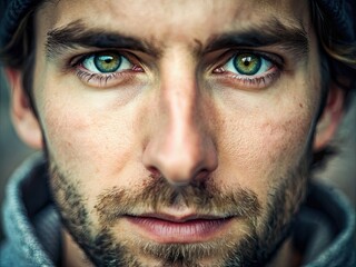 Fototapeta premium The man stares directly ahead with captivating green eyes and a focused expression showcasing the texture of his skin and the nuances of his emotions