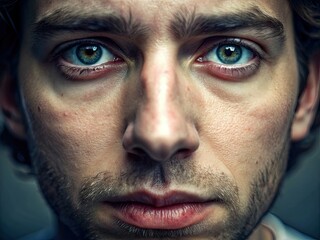 Obraz premium A young man gazing directly with compelling green eyes displays a range of emotions and deep thought showcasing intricate facial details in stunning clarity