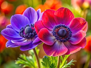 This stunning visual captures vibrant purple and crimson anemone flowers blooming together in a flourishing garden showcasing their intricate blooms and colors
