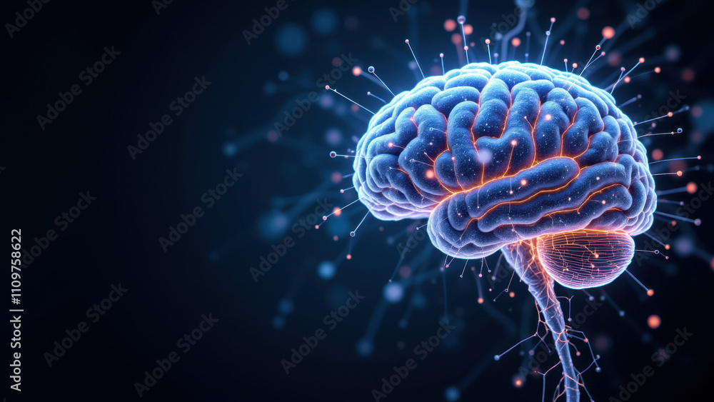 Poster an artistic representation of a human brain with glowing energy particles emanating from it, symboli