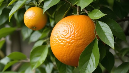 A juicy orange hanging on a tree branch with green leaves