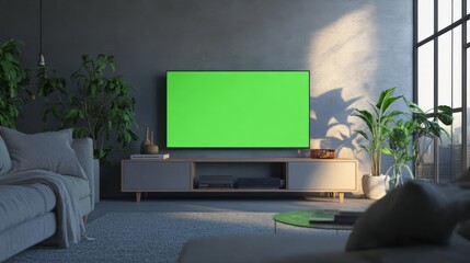 Fototapeta premium A TV with a green screen surrounded by minimalist decor and neutral tones in a contemporary apartment. 