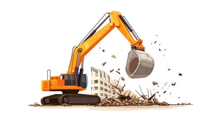 Excavator demolishing building; debris flying.