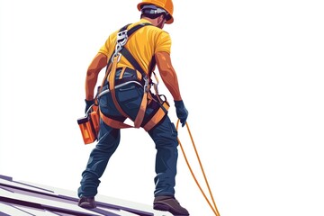 Obraz premium Construction worker in safety gear on a roof.