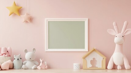 A thin white frame holding a green screen, hung on a light pink nursery room wall.