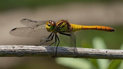 Close-up of a vibrant yellow and orange dragonfly perched on a twig.