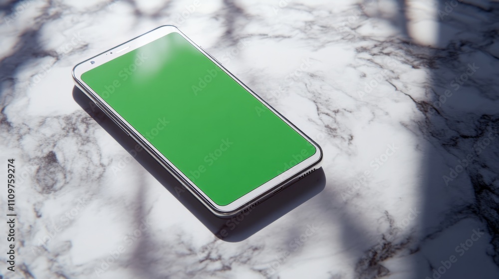 Poster a smartphone with a green screen resting on a marble surface with reflections of nearby objects.