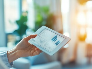 Hand holding tablet displaying data graphs in a bright living room.