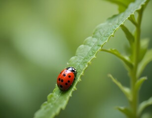 A red ladybug on a green leaf against a blurred green background