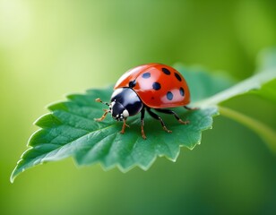 A red ladybug on a green leaf against a blurred green background