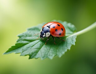 Fototapeta premium A red ladybug on a green leaf against a blurred green background