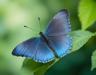 A blue butterfly on a green leaf against a blurred green background