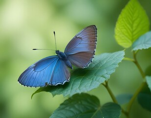 Obraz premium A blue butterfly on a green leaf against a blurred green background