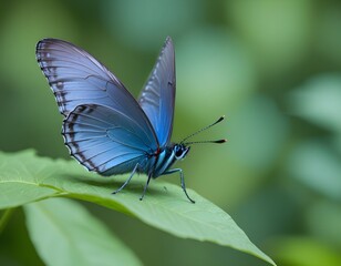 A blue butterfly on a green leaf against a blurred green background