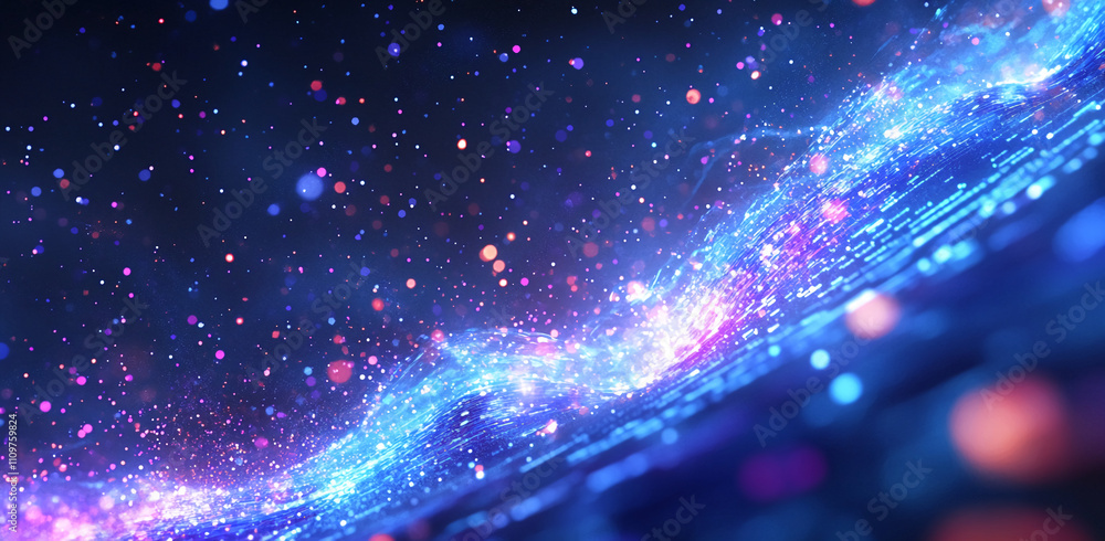 Poster vibrant cosmic landscape with swirling colors and glowing particles in a nighttime setting