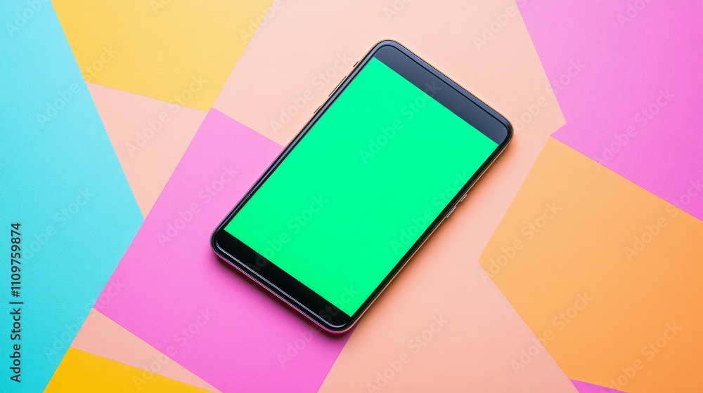 Poster a top-down view of a smartphone with a green screen resting on a colorful geometric patterned surfac