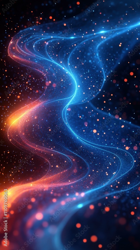 Poster the blue and orange dynamic digital illustration with undulating lines dots and waveforms in vibrant