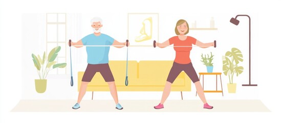 Senior couple exercising indoors with resistance bands.