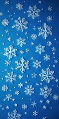 Snowflakes in various sizes and intricate designs scattered across a blue background, December
