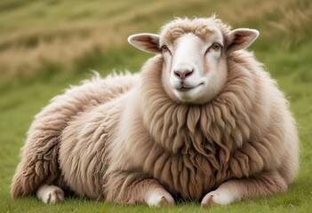 Obraz premium A fluffy sheep with a friendly expression resting in a grassy field