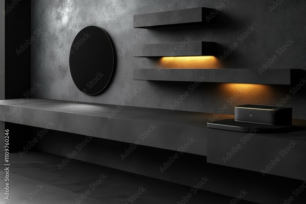 Poster wallet showcase checkout counter and wallet placed strategically beside an empty circle podium on a 