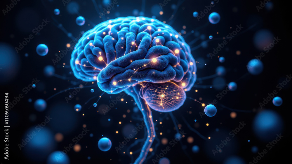 Poster an artistic depiction of a human brain with ai features represented as floating bubbles.